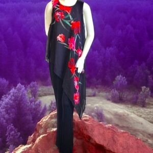 Venus Size 16 Sleeveless Black Floral Asymmetric Drape Jumpsuit